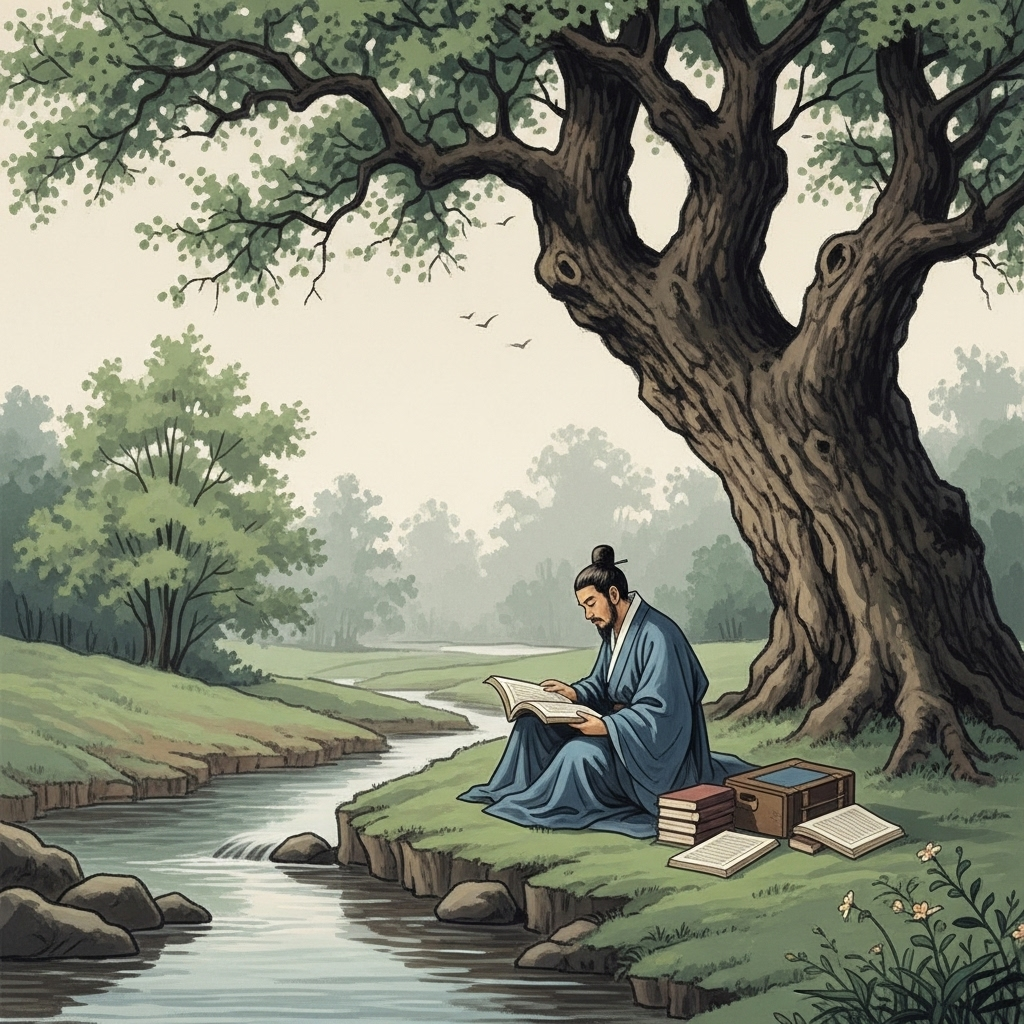A traditional Korean scholar reading ancient books under a tree with flowing water in the background, representing wisdom and contemplation about following trends__시류편승