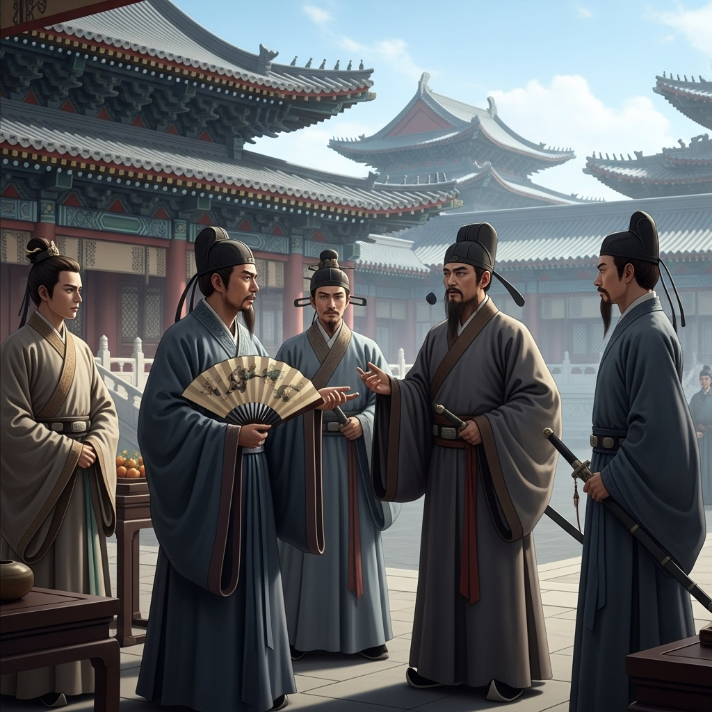 Ancient Chinese scholars and officials in traditional robes discussing politics in a palace courtyard during the Warring States period__시류편승