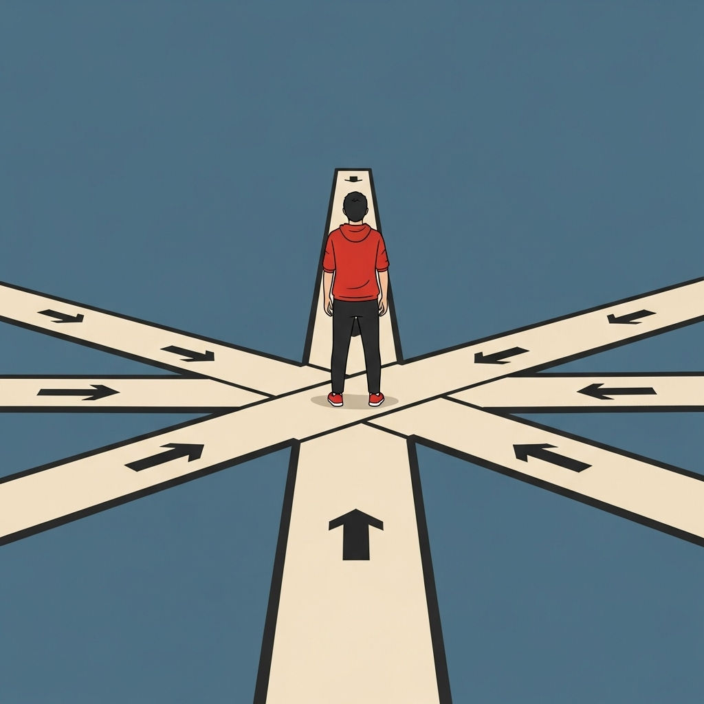 A person standing confidently at a crossroads with multiple paths, symbolizing making independent choices rather than following the crowd__시류편승