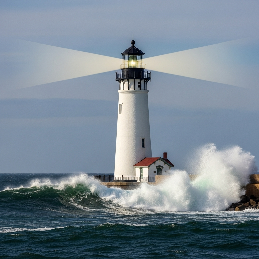 A lighthouse standing firm against strong waves and winds, representing steadfast principles amid changing circumstances__시류편승
