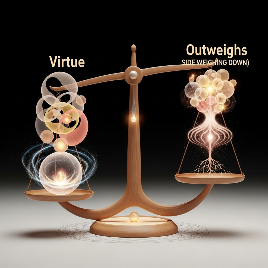 A serene image of a balanced scale with one side showing abstract representations of 'virtue' or 'good deeds' weighing down, and the other side showing abstract representations of 'success' or 'fortune' rising. The background is soft and encouraging. No text.