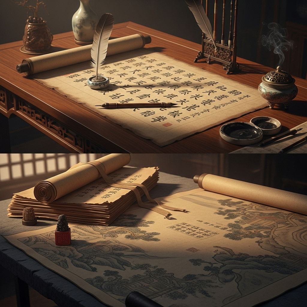 An ancient scroll or parchment with subtle, faded Chinese characters, suggesting wisdom and historical depth. Perhaps a quill pen nearby. Soft, warm lighting. No text.__덕업상권