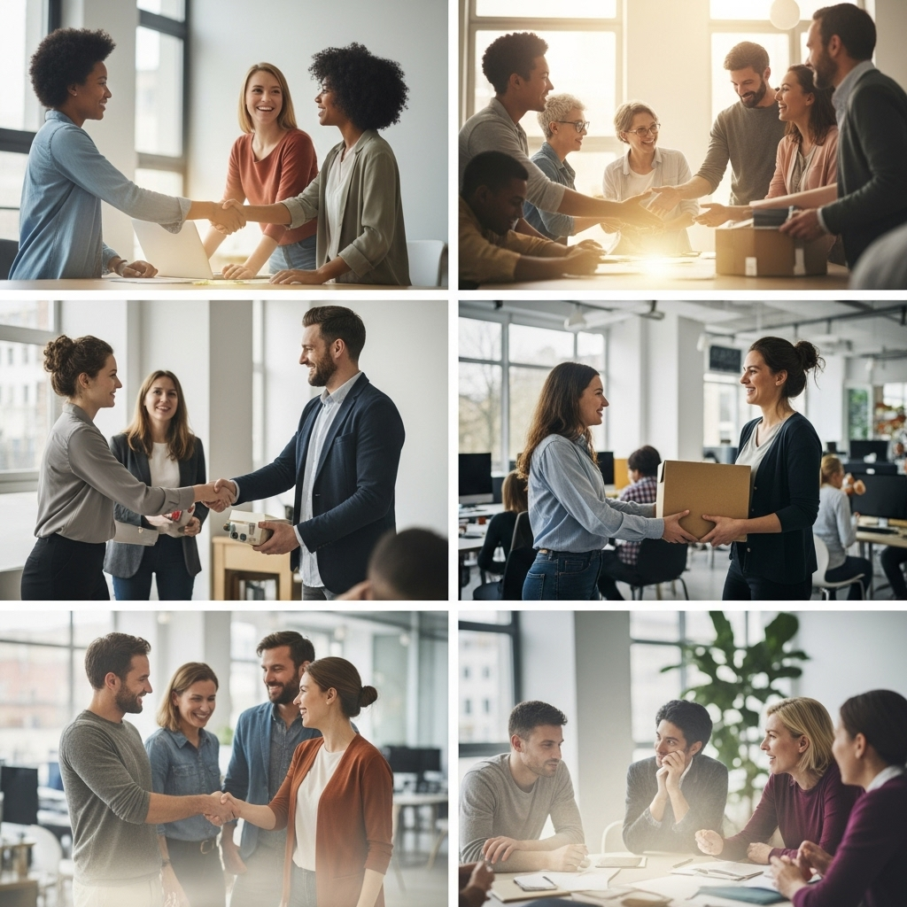 A diverse group of people interacting positively in a modern office or community setting, shaking hands, helping each other, showing teamwork and kindness. Subtle glow of positive energy around them. No text.