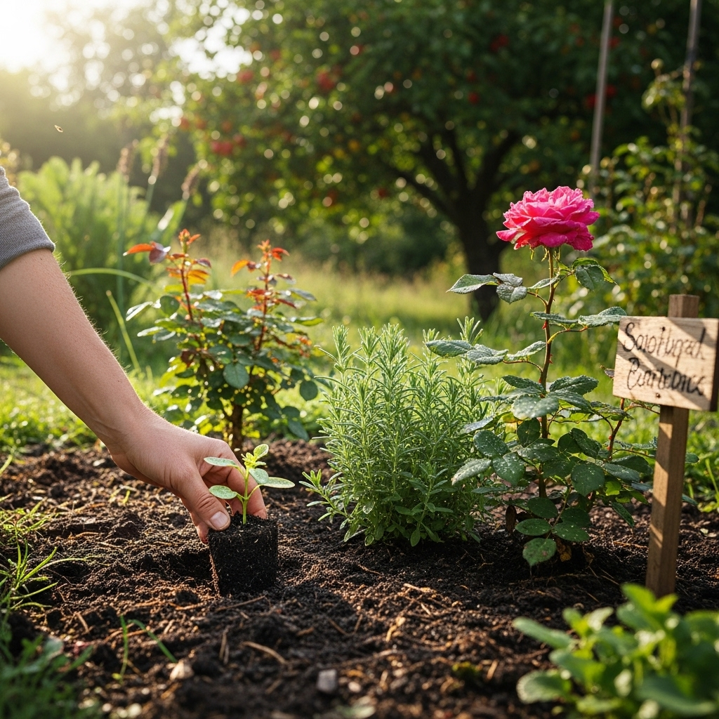 A hand planting a small seedling in fertile soil, with other well-tended plants in the background, symbolizing the nurturing of good deeds and their eventual growth. Sunlight filtering through leaves. No text.