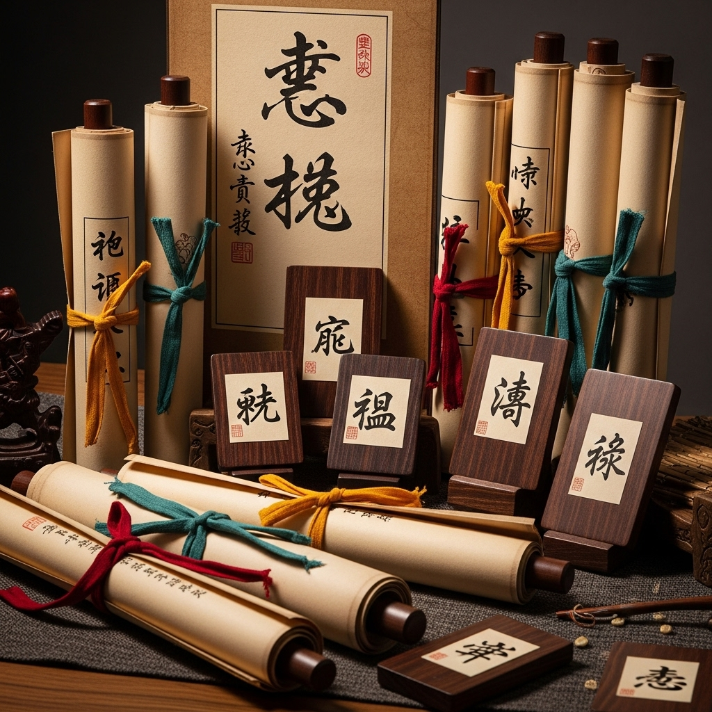 A collection of ancient-looking scrolls or small wooden tablets, each with a different stylized Chinese character or short idiom, suggesting a library of wisdom. Arranged aesthetically. No text.