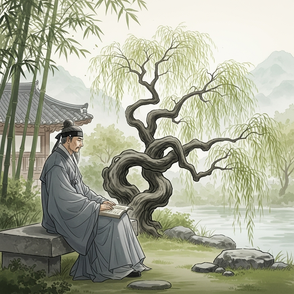 Ancient Korean scholar sitting alone in a traditional garden, looking melancholy at the curved branches of an old willow tree, traditional Korean painting style, soft watercolor effect__구곡간장