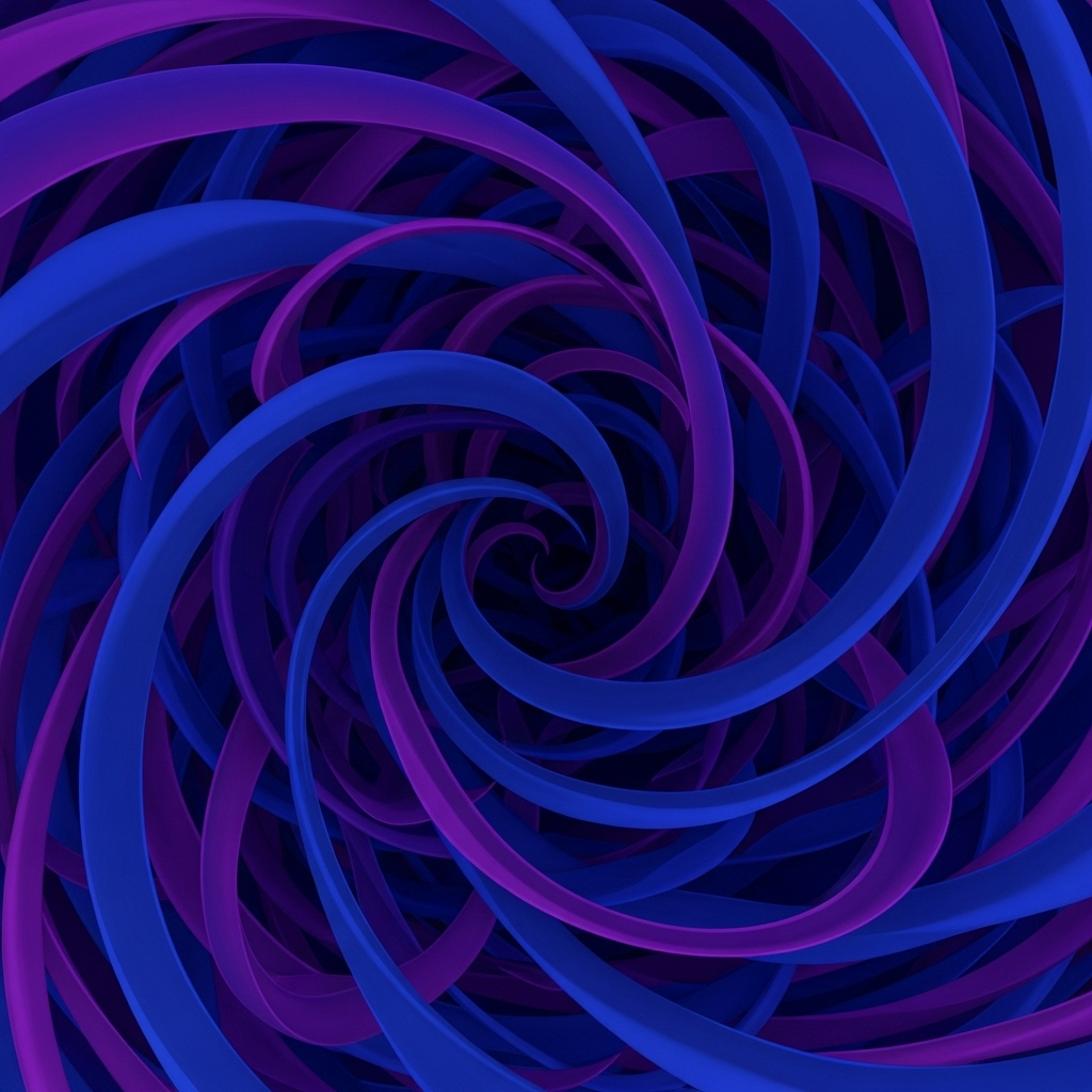 Abstract artistic representation of intertwined ribbons in deep blue and purple colors, symbolizing twisted emotions, flowing organic shapes__구곡간장