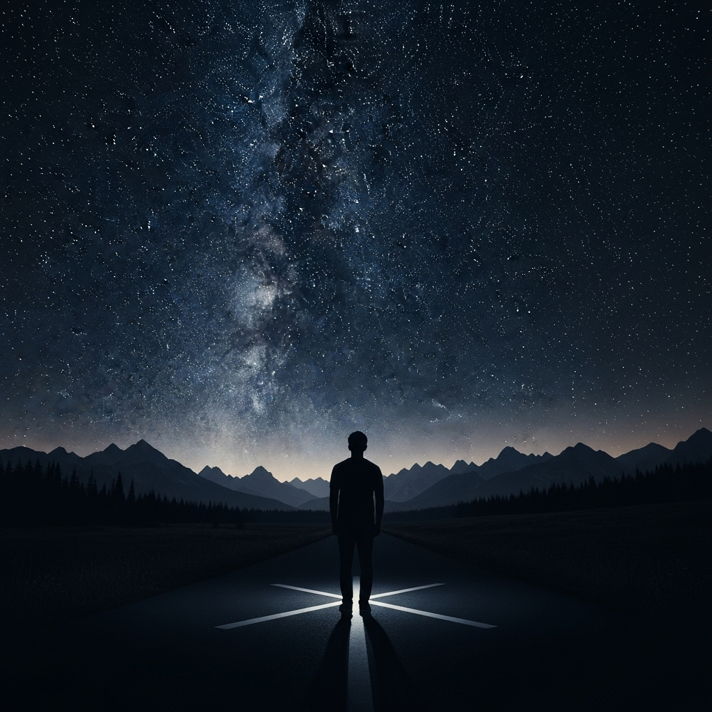 A person standing at a crossroads under a starry night sky, looking contemplative and hopeful, mountains in the distance, peaceful atmosphere__구곡간장