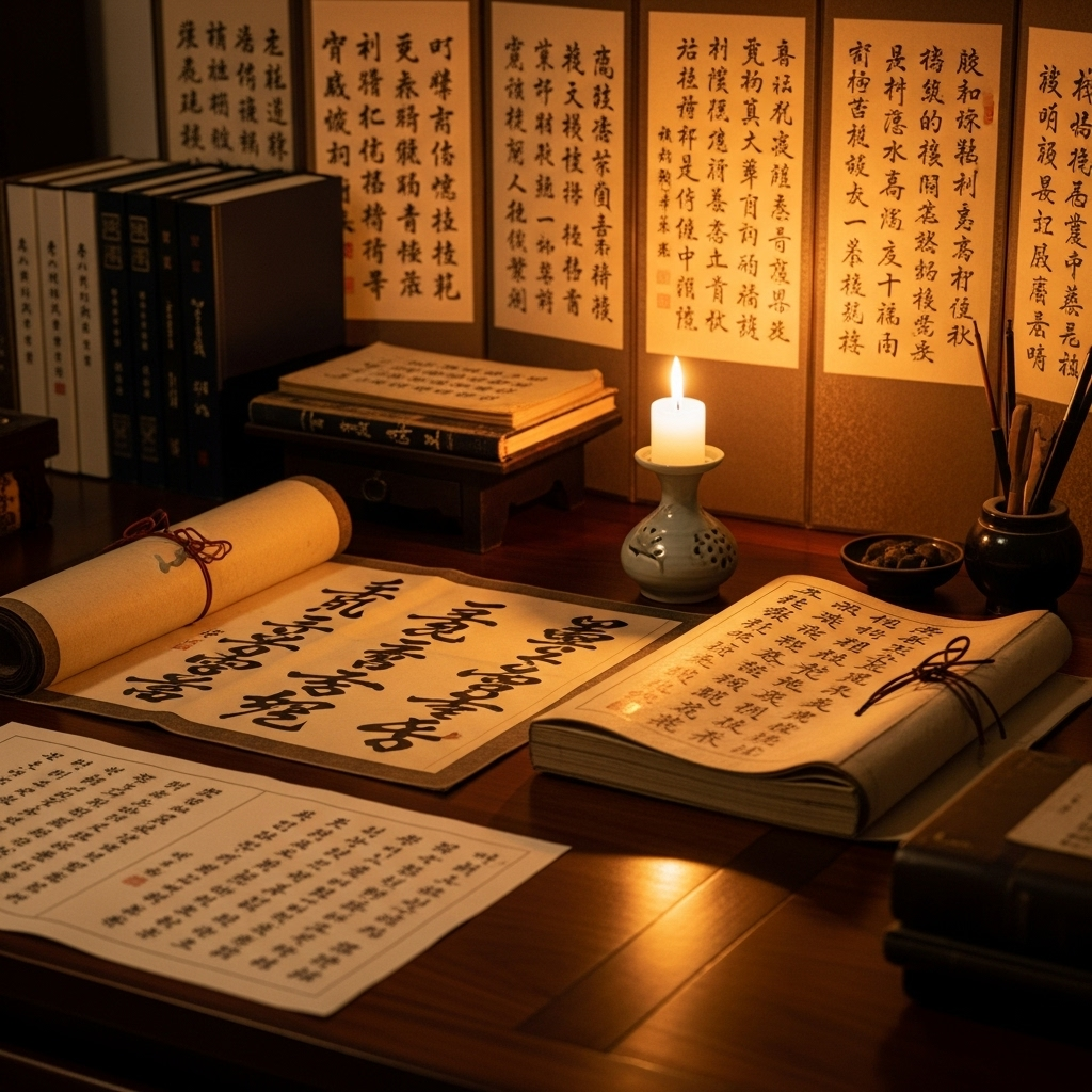 Traditional Korean books and scrolls arranged on a wooden table, soft candlelight illuminating ancient Korean calligraphy, warm amber tones__구곡간장