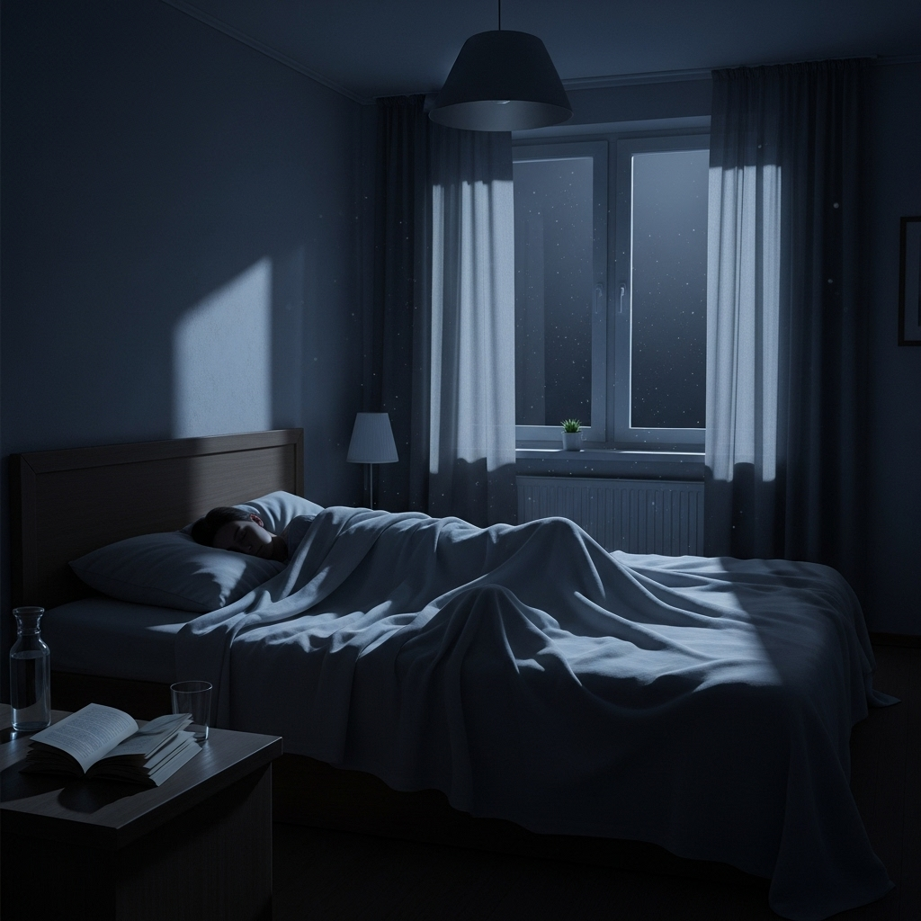 A serene bedroom at night, with moonlight softly illuminating a bed. A person's silhouette is subtly visible under the covers, suggesting restlessness without showing explicit facial features. The overall atmosphere is calm but hints at a lack of sleep. No text on image. 뒤척이는 밤의 비밀: 전전반측 뜻과 현명한 극복법 7가지