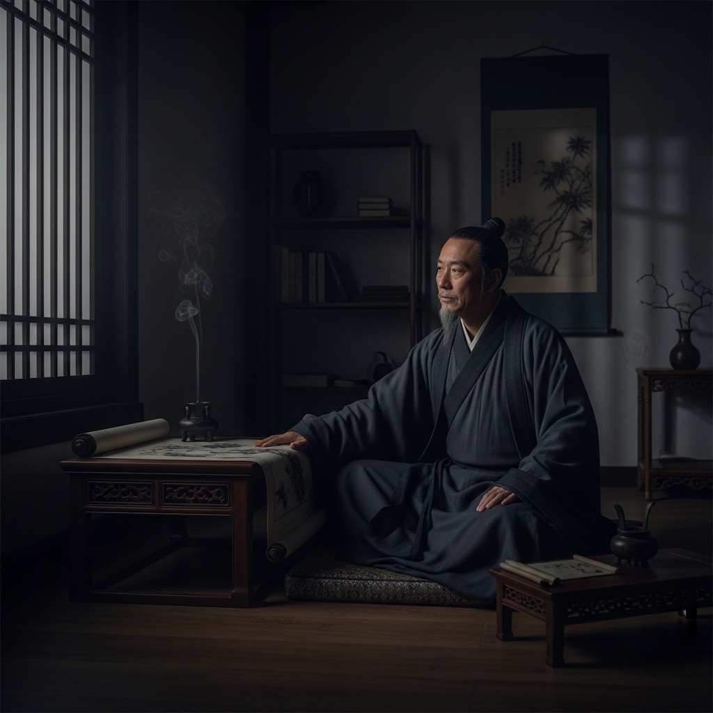 An ancient Chinese scholar, dressed in traditional robes, sitting by a window at night. A scroll is on a low table, and he looks out thoughtfully into the darkness, suggesting contemplation and perhaps restlessness. The scene is calm and respectful. 뒤척이는 밤의 비밀: 전전반측 뜻과 현명한 극복법 7가지