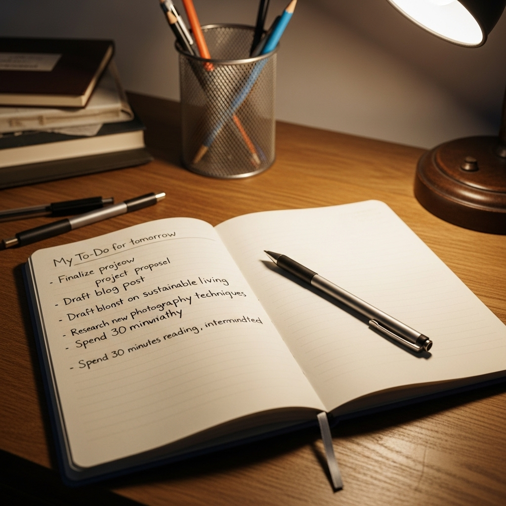 A hand holding a pen, writing thoughts or a to-do list in a journal on a warm, wooden desk. A subtle, soft light source is present, creating a calm and thoughtful atmosphere. No text on image. 뒤척이는 밤의 비밀: 전전반측 뜻과 현명한 극복법 7가지