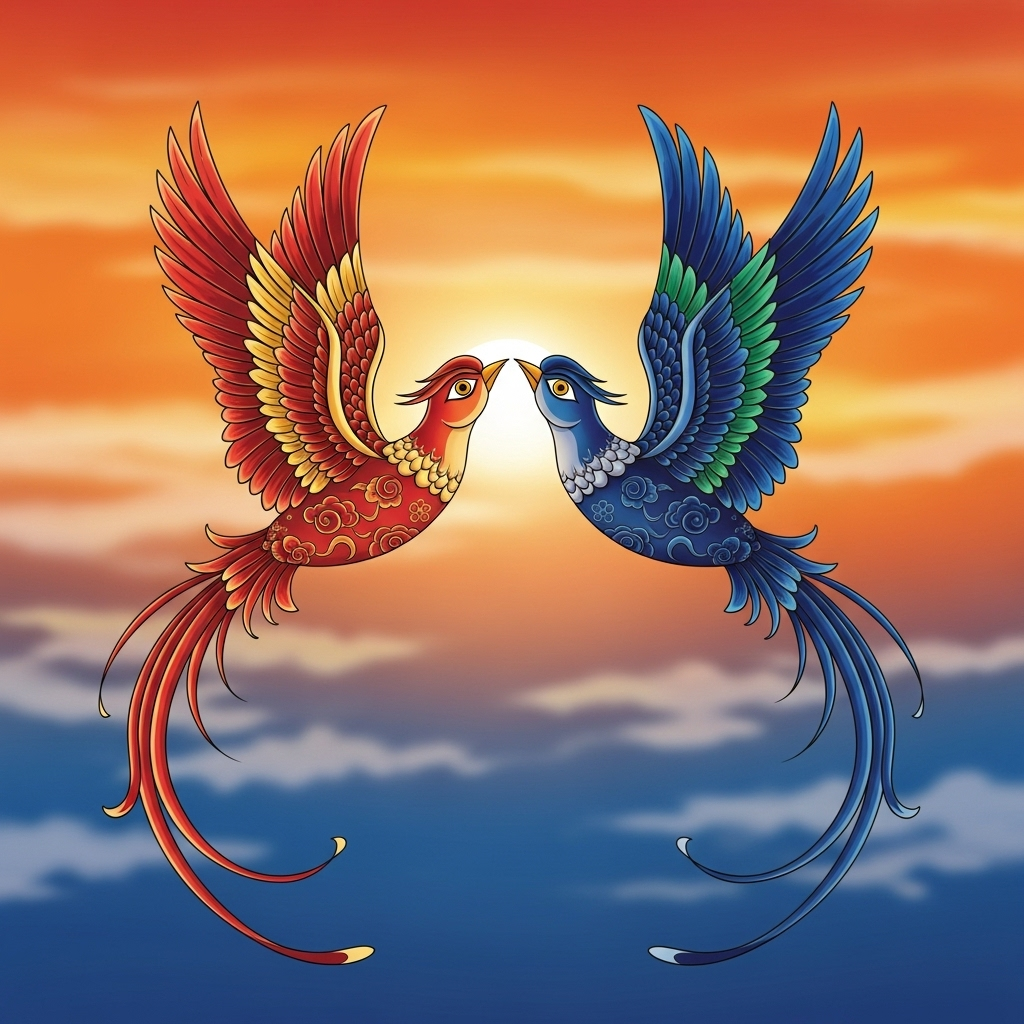 Two mythical birds flying together in harmony against a beautiful sunset sky, each bird having only one eye and one wing, representing eternal love and partnership in ancient Chinese art style 비익조 뜻과 유래 - 변함없는 사랑의 5가지 상징
