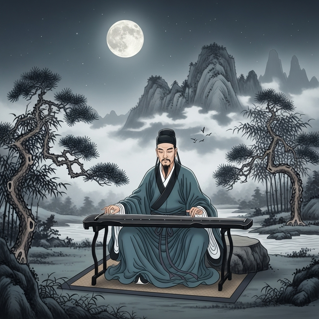 ancient Chinese scholar playing traditional guqin instrument under moonlight, peaceful mountain landscape in background, artistic traditional painting style 백아절현, 진정한 우정의 의미를 찾다 5가지 교훈