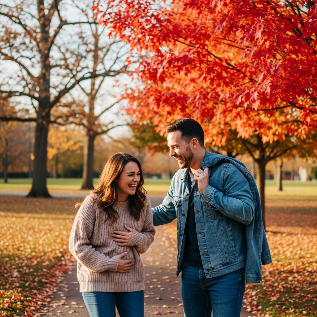 Two friends, one male and one female, laughing heartily together while walking through a beautiful, sunlit park with autumn trees. They are casually dressed and look genuinely happy and connected. The scene conveys warmth and deep friendship. 금란지교의 놀라운 비밀 5가지: 인생 친구 만드는 지혜