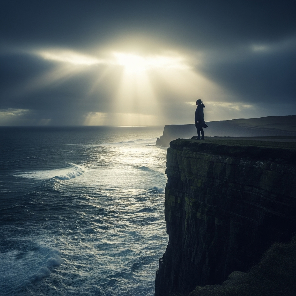 A person stands at the edge of a cliff, looking down at a vast, turbulent sea. The sky is dramatic with dark clouds, but a single ray of sunlight breaks through. The person's posture suggests contemplation, not fear. The atmosphere is tense but also hopeful, illustrating a moment of intense challenge and potential for overcoming. No text on the image. 인생의 7번 위기일발 순간, 지혜롭게 헤쳐나가는 사자성어의 힘