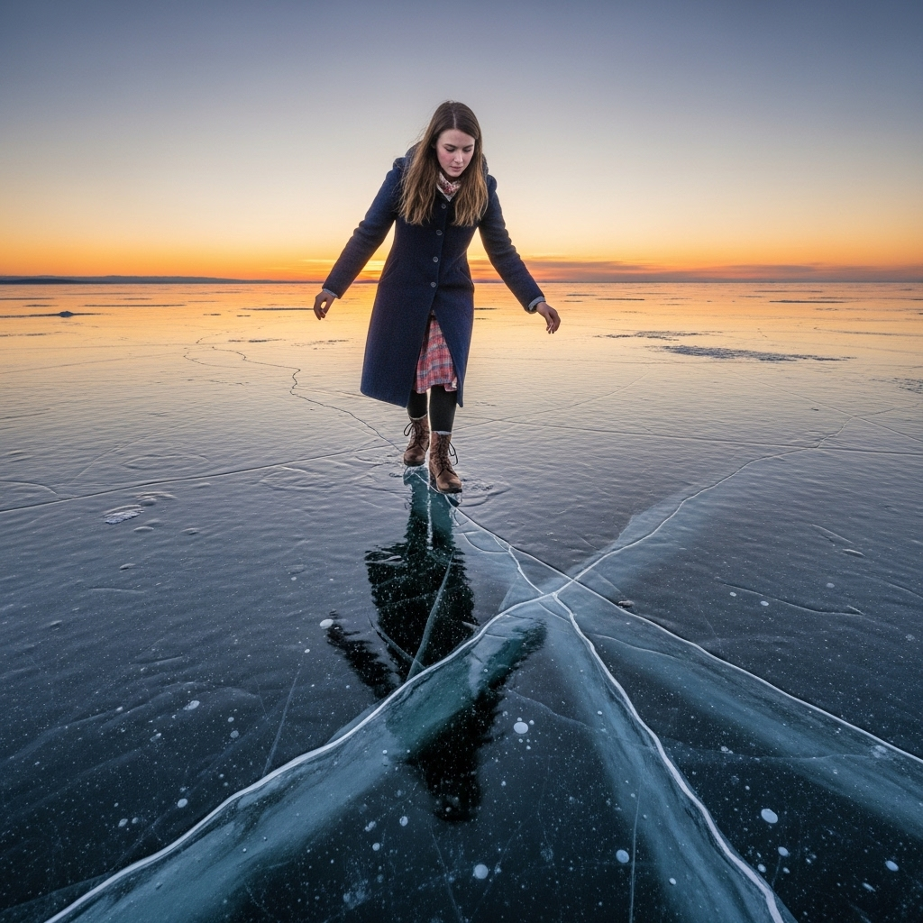 A highly realistic, cinematic shot of a person carefully walking on very thin, cracked ice, with a serene but tense expression. The ice is reflecting a dramatic sky. No text on the image. Focus on the fragility and tension. 숨 막히는 승부! 박빙지세에서 이기는 5가지 필승 전략