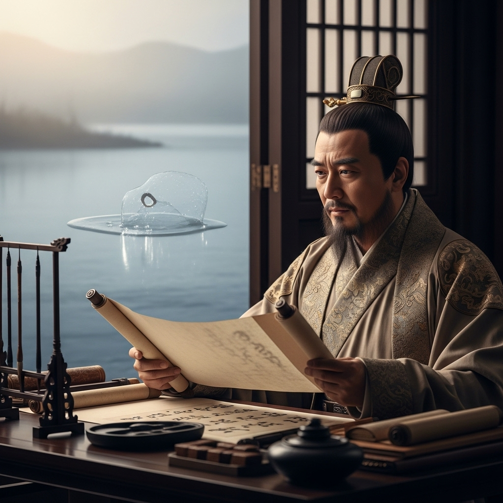 An ancient Chinese scholar or emperor looking thoughtfully at a scroll in a traditional setting, with a subtle backdrop hinting at a fragile or delicate situation, like a distant, thin layer of ice on water. The style should be elegant and historical. No text. 숨 막히는 승부! 박빙지세에서 이기는 5가지 필승 전략