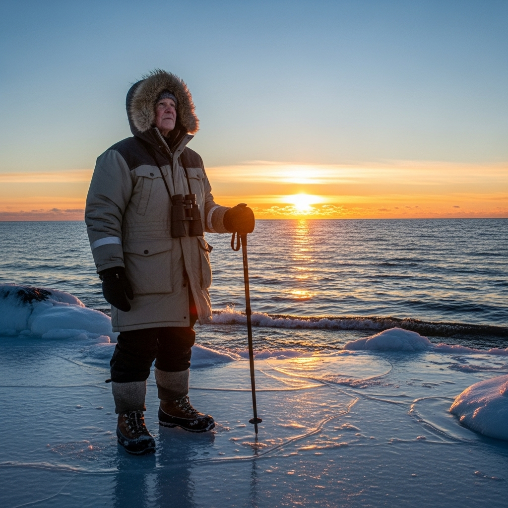 A person standing confidently and calmly at the edge of a vast, calm body of water with a thin layer of ice near the shore, looking towards a bright horizon. The setting sun casts a warm, inspiring glow. No text. 숨 막히는 승부! 박빙지세에서 이기는 5가지 필승 전략