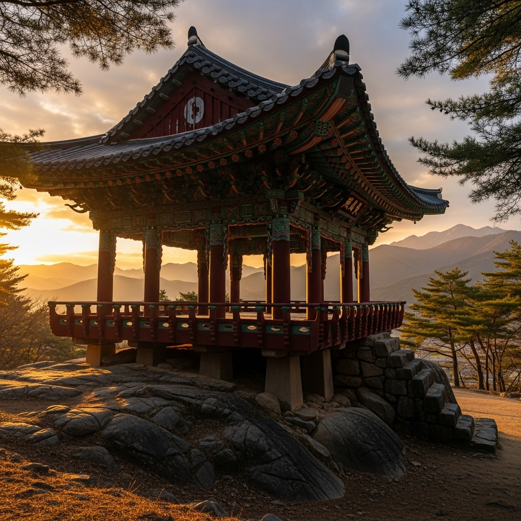 A solid rock foundation supporting a beautiful traditional Korean temple, with mountains in the background during golden hour lighting, peaceful and serene atmosphere 반석지고 뜻과 유래 완벽 분석, 인생을 바꾸는 7가지 깨달음