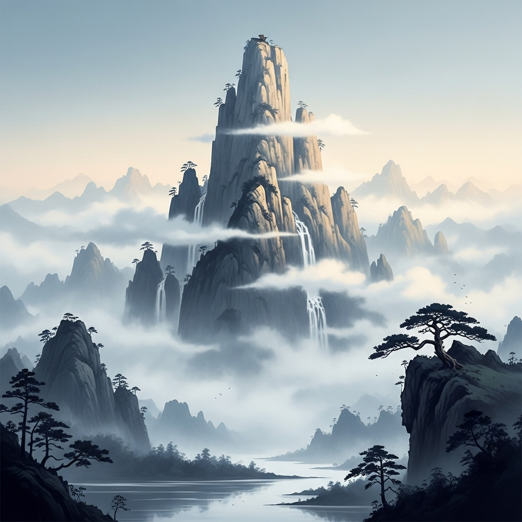 A majestic mountain peak reaching toward the sky with clouds surrounding it, symbolizing greatness and height, traditional Asian landscape painting style, serene and dignified atmosphere 태산지고 뜻과 의미, 부모의 은혜를 나타내는 5가지 교훈