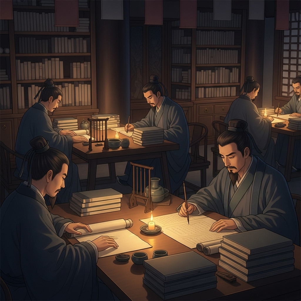Ancient Chinese scholars studying classical texts in a traditional library setting, with scrolls and books, warm candlelight illuminating the scene, peaceful and scholarly atmosphere 태산지고 뜻과 의미, 부모의 은혜를 나타내는 5가지 교훈