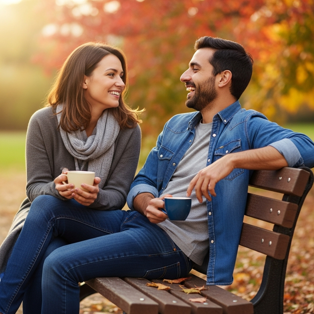 Two friends, a man and a woman, are sitting on a park bench, laughing and sharing a deep conversation. They are holding coffee cups, and the background is a blurred, warm autumn park scene. The atmosphere is genuine and heartwarming, showing strong emotional connection without any text. 우정의 진수, 간담상조! 우리 삶에 필요한 5가지 지혜