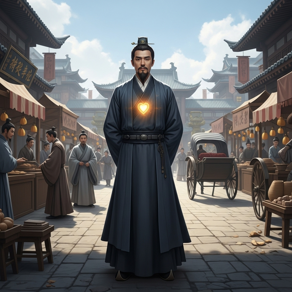 An ancient Chinese scholar in flowing robes stands calmly amidst a bustling historical scene, looking dignified and sincere, with a subtle glow around his chest area hinting at honesty. The background shows a traditional Chinese court or city street, bustling but not chaotic. 우정의 진수, 간담상조! 우리 삶에 필요한 5가지 지혜