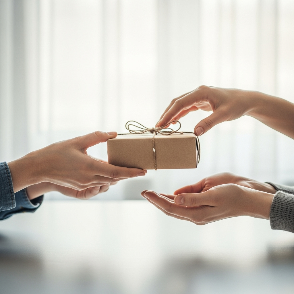 Two hands, one offering a small, beautifully wrapped gift to the other, against a soft, blurred background of a cozy living room. The focus is on the gesture of giving and receiving, symbolizing care and support, without showing faces. 우정의 진수, 간담상조! 우리 삶에 필요한 5가지 지혜