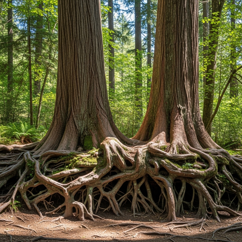 A visual metaphor of intertwined roots of two large trees, symbolizing deep, unshakeable friendship and mutual support. The roots are complex and strong, growing together, in a natural, serene forest setting. 우정의 진수, 간담상조! 우리 삶에 필요한 5가지 지혜
