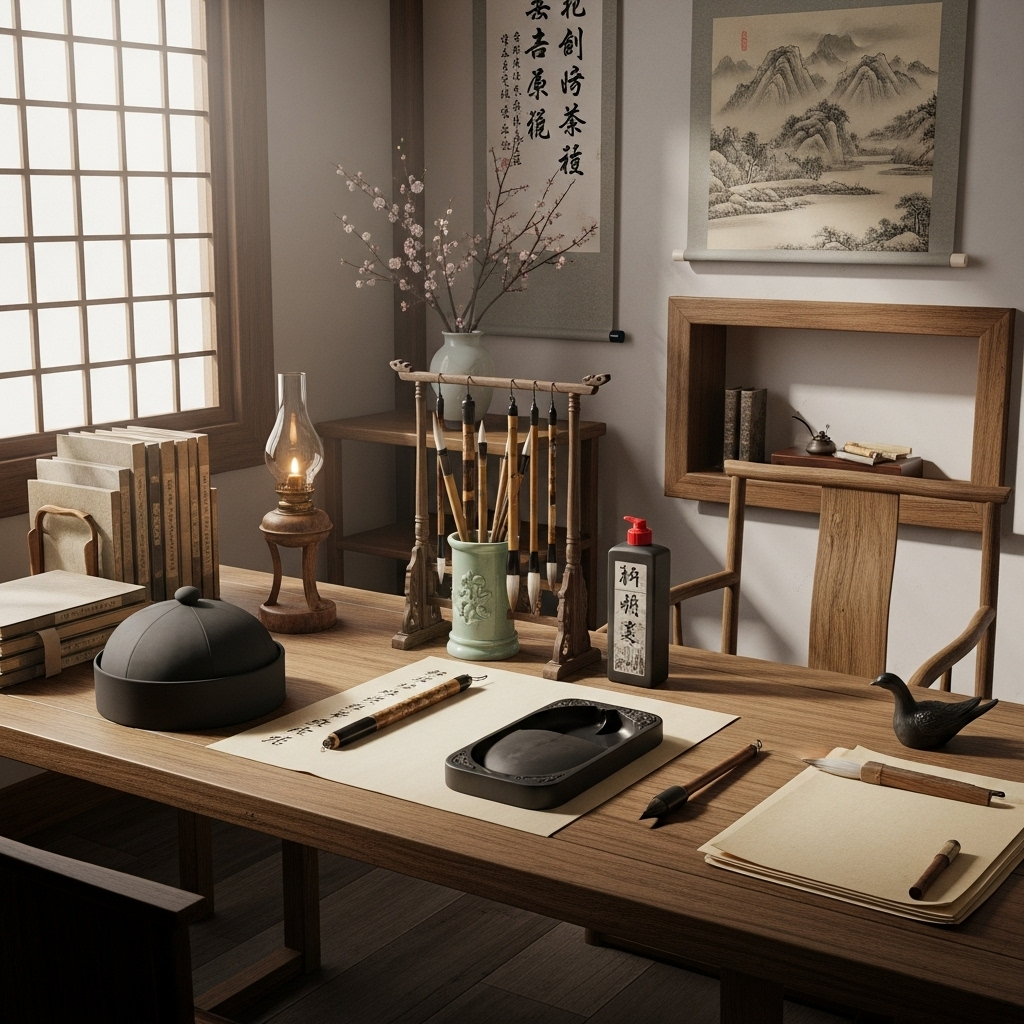 Traditional Korean scholar's study room with four treasures of the study displayed on wooden desk, including brush, ink stick, paper, and inkstone, soft lighting, peaceful atmosphere, historical elements 문방사우의 뜻과 의미 선비들의 필수템 4가지 현대적 교훈