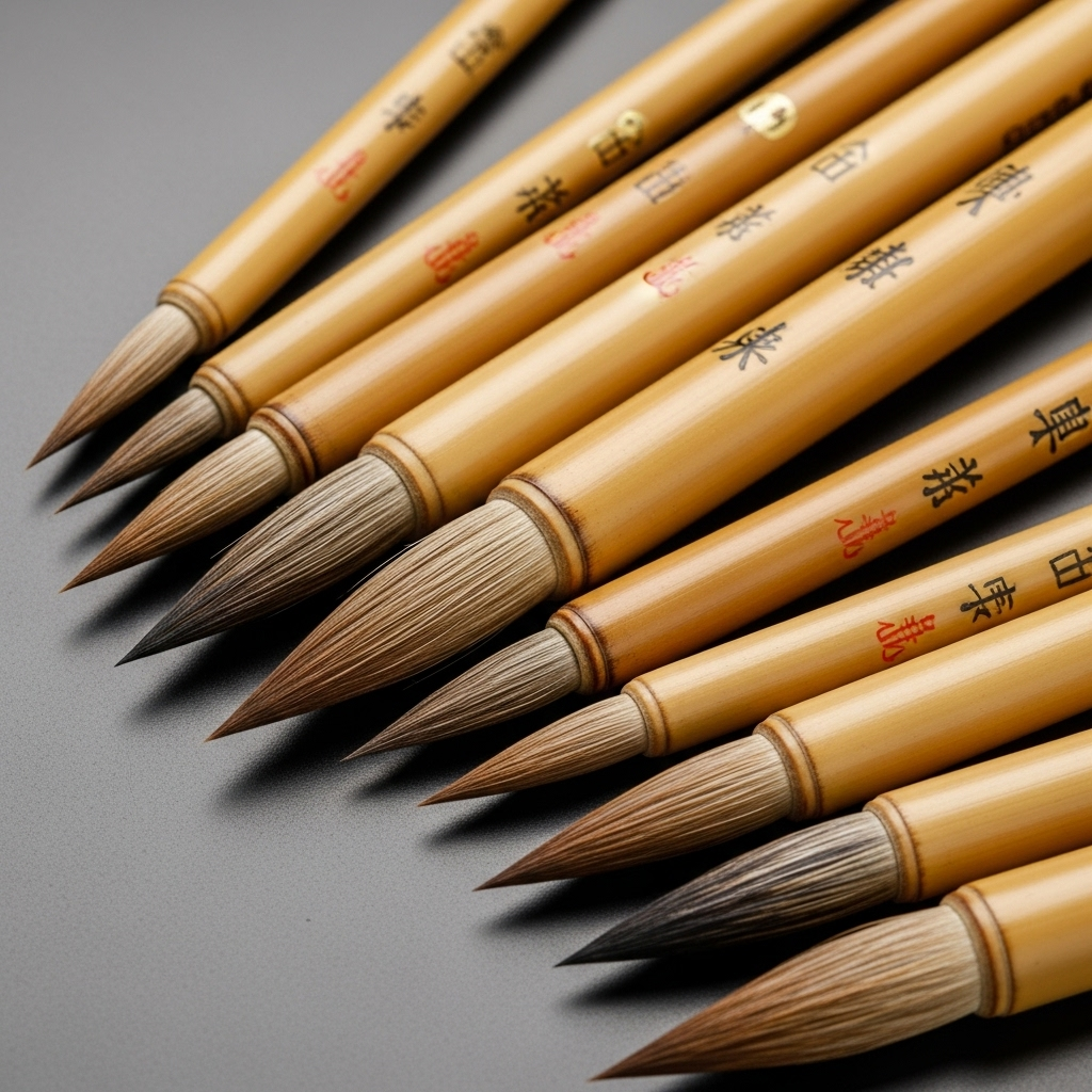 Close-up view of traditional East Asian calligraphy brushes with different sizes arranged beautifully, bamboo handles, natural hair bristles, artistic composition 문방사우의 뜻과 의미 선비들의 필수템 4가지 현대적 교훈