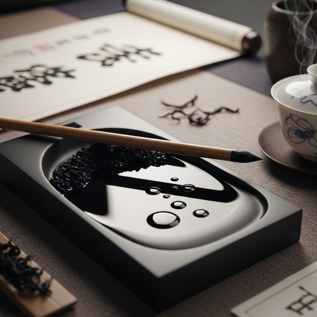Traditional ink stick and inkstone with freshly ground black ink, water droplets, serene composition, traditional Korean or Chinese study setting, natural lighting 문방사우의 뜻과 의미 선비들의 필수템 4가지 현대적 교훈