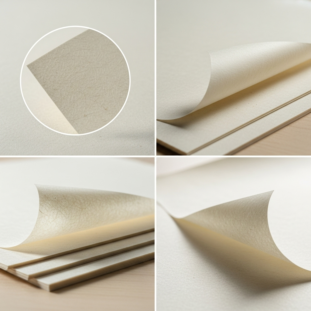 Traditional Korean paper sheets with subtle texture, some sheets slightly curled, soft natural lighting, minimalist composition, showing paper quality and craftsmanship 문방사우의 뜻과 의미 선비들의 필수템 4가지 현대적 교훈