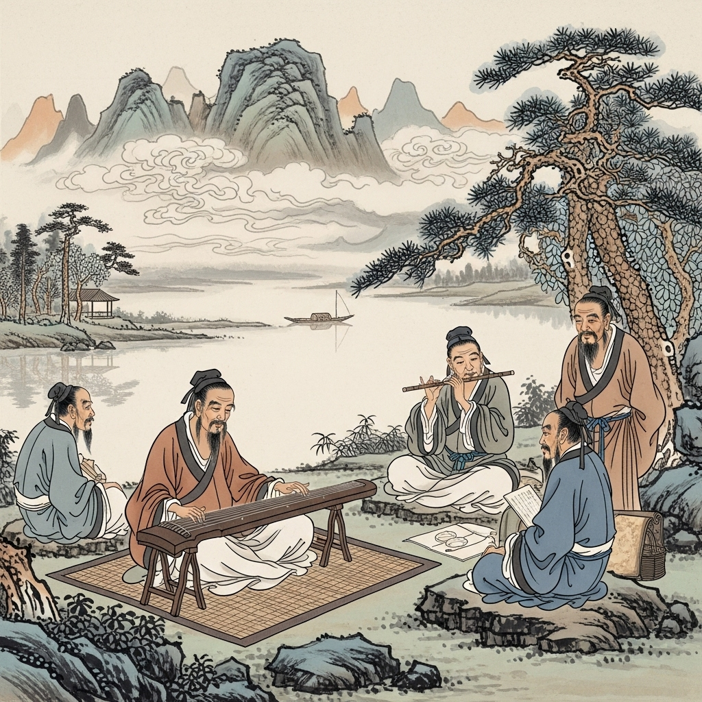Traditional Chinese scholars sitting by a peaceful lake, playing ancient musical instruments like guqin, with mountains in background, serene atmosphere, classical Asian painting style 지음 사자성어 5가지 뜻과 유래 교훈 완전정리