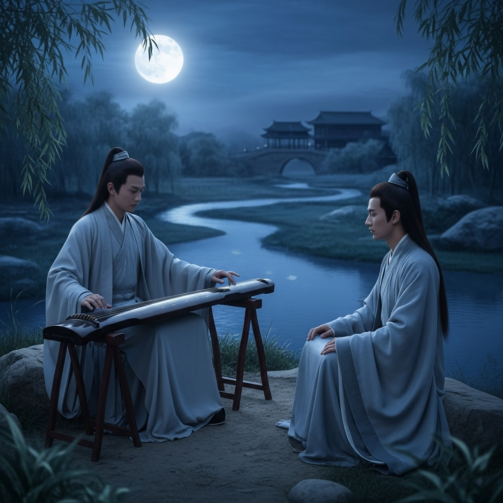 Two ancient Chinese men in traditional robes, one playing guqin while the other listens intently, under moonlight by a river, expressing deep mutual understanding through music 지음 사자성어 5가지 뜻과 유래 교훈 완전정리