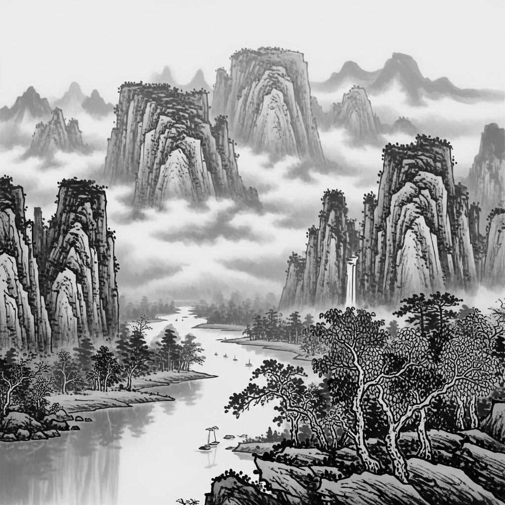 Majestic mountain peaks with flowing river, misty clouds, traditional Chinese landscape painting style, peaceful and harmonious natural scenery 지음 사자성어 5가지 뜻과 유래 교훈 완전정리