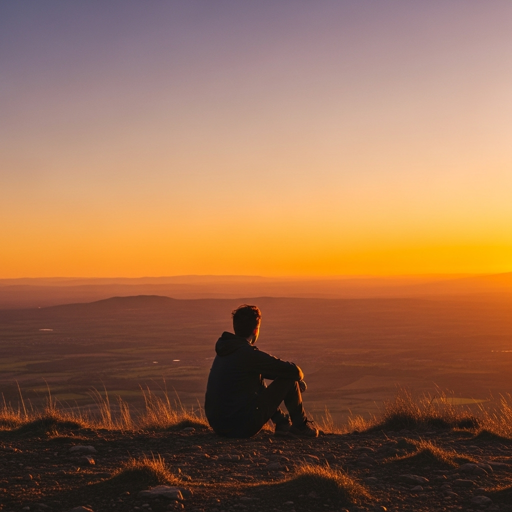 Person sitting alone on hill overlooking vast landscape, contemplative mood, golden sunset light, symbolizing the search for true understanding and meaningful connections 지음 사자성어 5가지 뜻과 유래 교훈 완전정리
