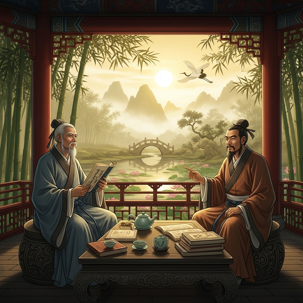 Two ancient Chinese scholars sitting under a traditional pavilion, sharing books and having a deep conversation, surrounded by bamboo trees and traditional landscape, warm golden lighting, classical painting style 문경지교 뜻과 의미, 진정한 벗의 조건 3가지 파헤치기