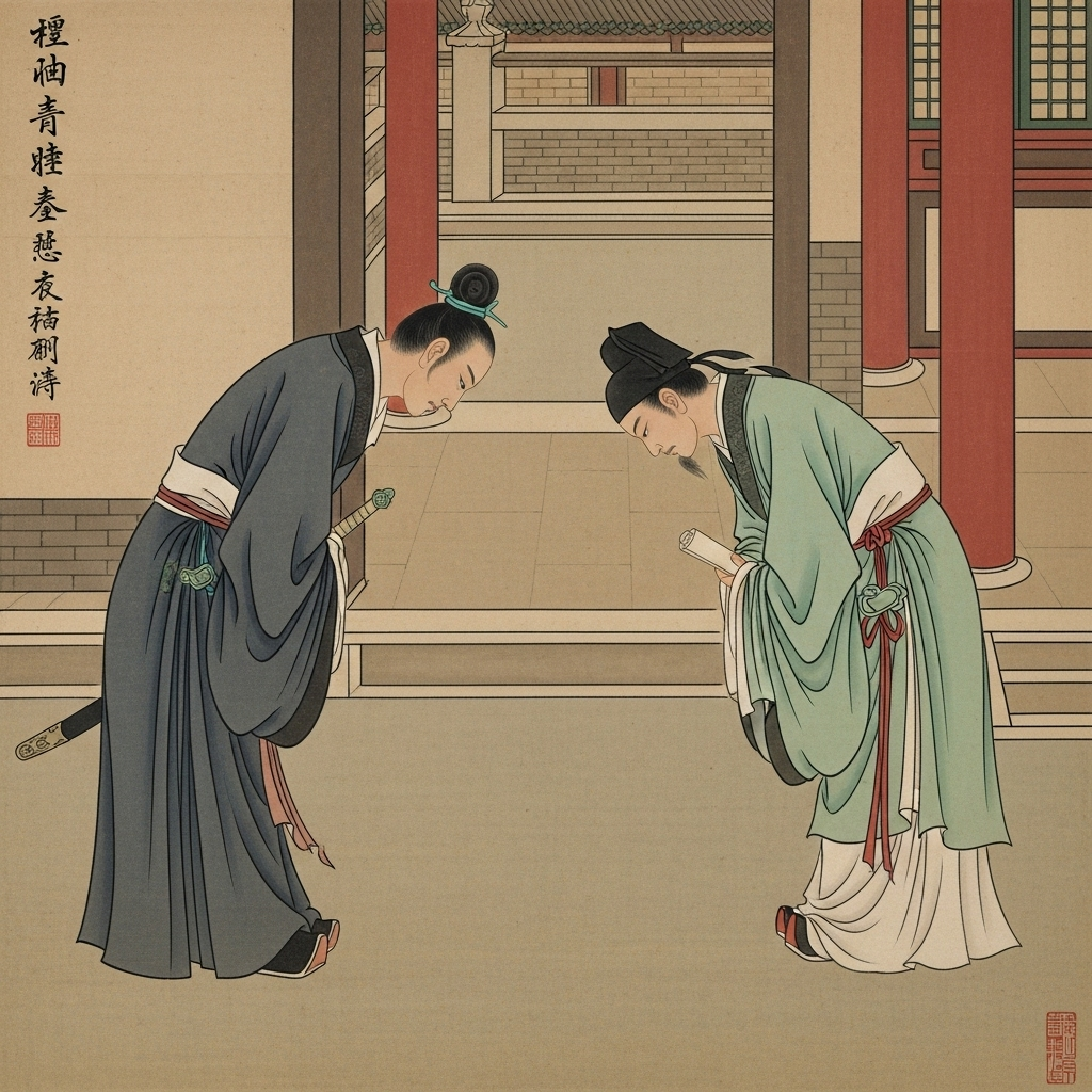 Ancient Chinese warriors and scholars in traditional hanfu clothing, bowing to each other in respect, traditional Chinese architecture in background, historical painting style, dignified atmosphere 문경지교 뜻과 의미, 진정한 벗의 조건 3가지 파헤치기