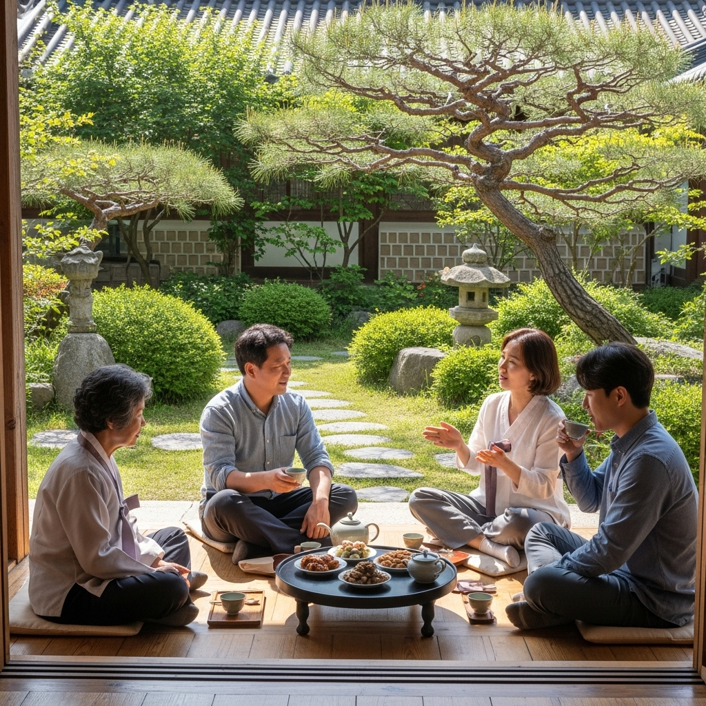 Four people of different ages sitting in a circle sharing tea, traditional Korean hanok garden setting, warm afternoon sunlight, peaceful and harmonious atmosphere 문경지교 뜻과 의미, 진정한 벗의 조건 3가지 파헤치기