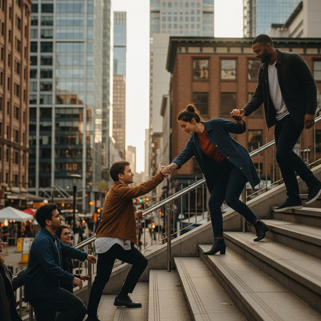 Modern friends helping each other, one person supporting another climbing up stairs, urban city background, contemporary realistic style, warm and supportive atmosphere 문경지교 뜻과 의미, 진정한 벗의 조건 3가지 파헤치기