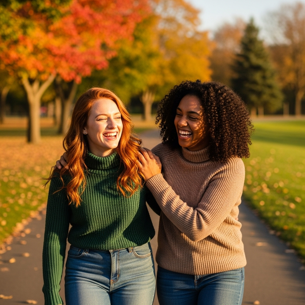Two friends laughing heartily while walking through a beautiful autumn park, with warm sunlight filtering through the trees. The image should convey genuine connection and happiness. 진정한 막역지우를 만나는 5가지 방법: 인생 친구의 의미와 유래