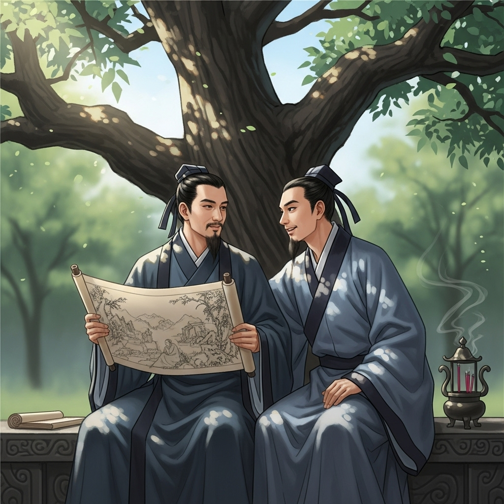 An ancient Chinese scholar, dressed in traditional robes, sharing a scroll with another scholar under a large, gnarled tree, symbolizing wisdom and long-standing friendship. The setting is serene and contemplative. 진정한 막역지우를 만나는 5가지 방법: 인생 친구의 의미와 유래