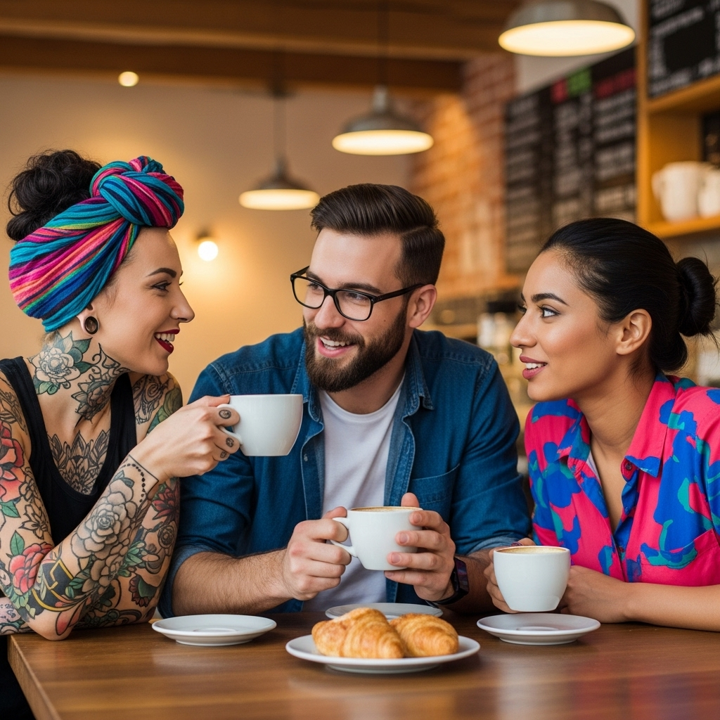 Three diverse individuals from different backgrounds, smiling and engaged in a lively conversation over coffee, emphasizing universal friendship and connection. The atmosphere is warm and inviting. 진정한 막역지우를 만나는 5가지 방법: 인생 친구의 의미와 유래