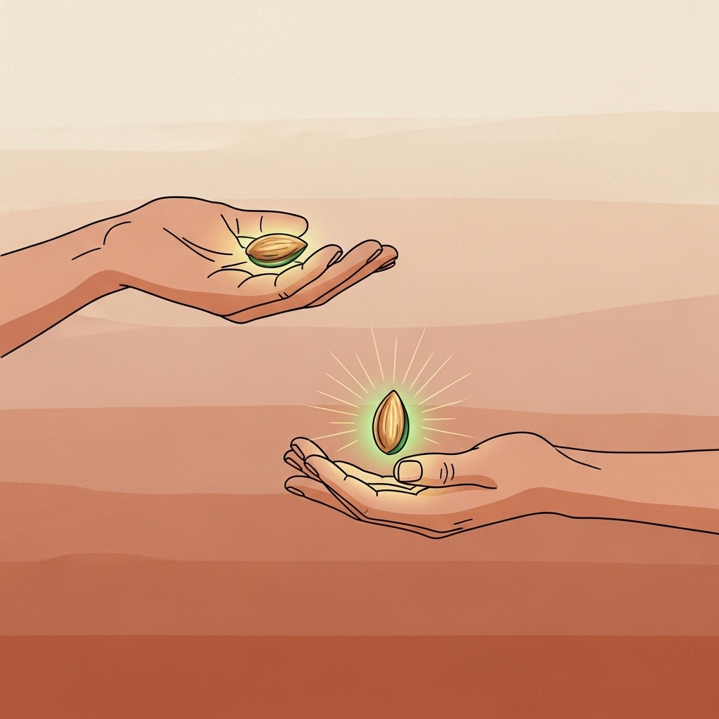 A hand offering a small, glowing seed to another open hand, against a soft, warm background, symbolizing kindness and repayment. The style is gentle and slightly abstract, no text. 삶의 품격을 높이는 보은사덕: 5가지 지혜로 은혜 갚기 실천하기