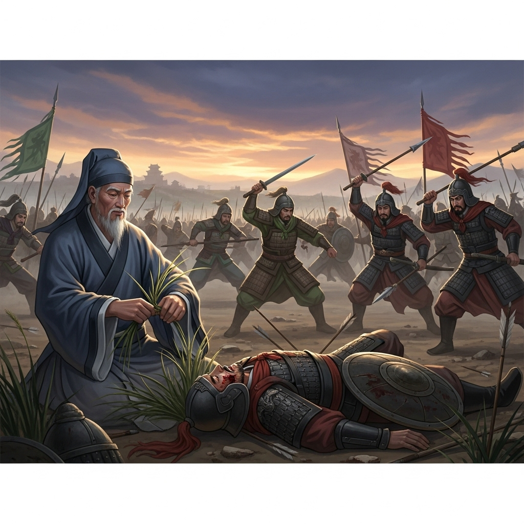 An ancient Chinese battlefield scene at dusk, with warriors clashing and a ghostly figure of an old man subtly weaving grass near a fallen warrior. The style is historical painting, no text. 삶의 품격을 높이는 보은사덕: 5가지 지혜로 은혜 갚기 실천하기