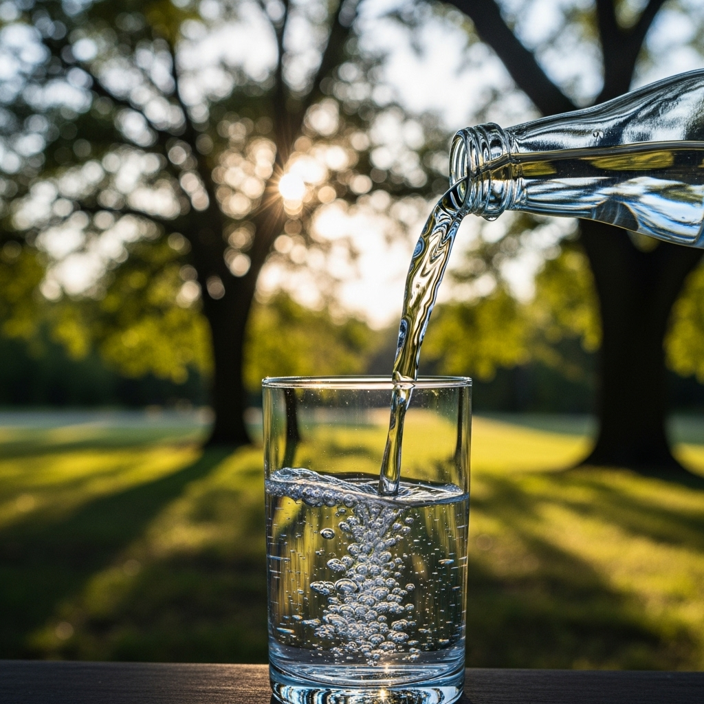A serene, clear natural spring with water gently flowing into a modern glass of water, symbolizing the origin and the present. The background is a calm, slightly blurred natural landscape with trees and soft sunlight. 음수사원: 물 마실 때 우물 판 사람을 생각하는 지혜 6가지