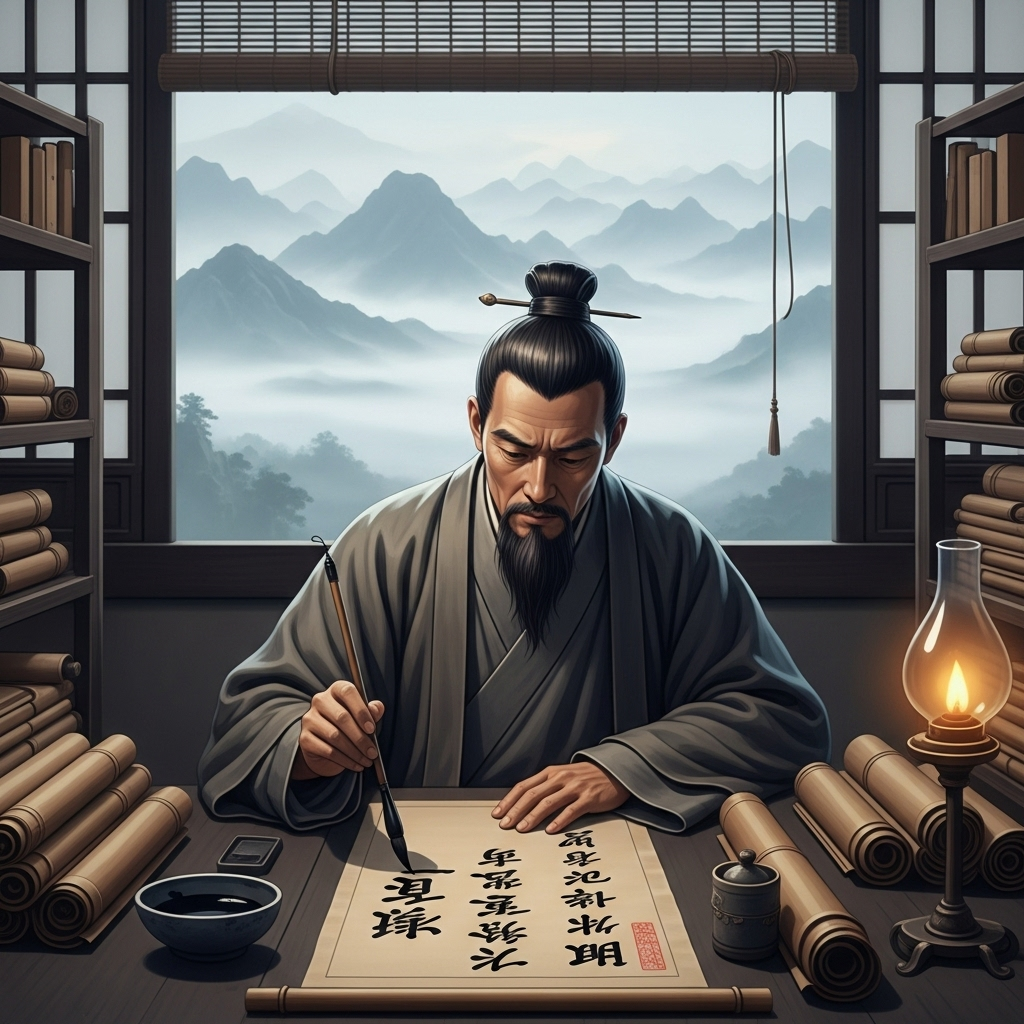 An ancient Chinese scholar, Yu Xin, writing on bamboo slips with a thoughtful expression. He is surrounded by scrolls and a window shows a distant, tranquil landscape, conveying a sense of longing and reflection. 음수사원: 물 마실 때 우물 판 사람을 생각하는 지혜 6가지