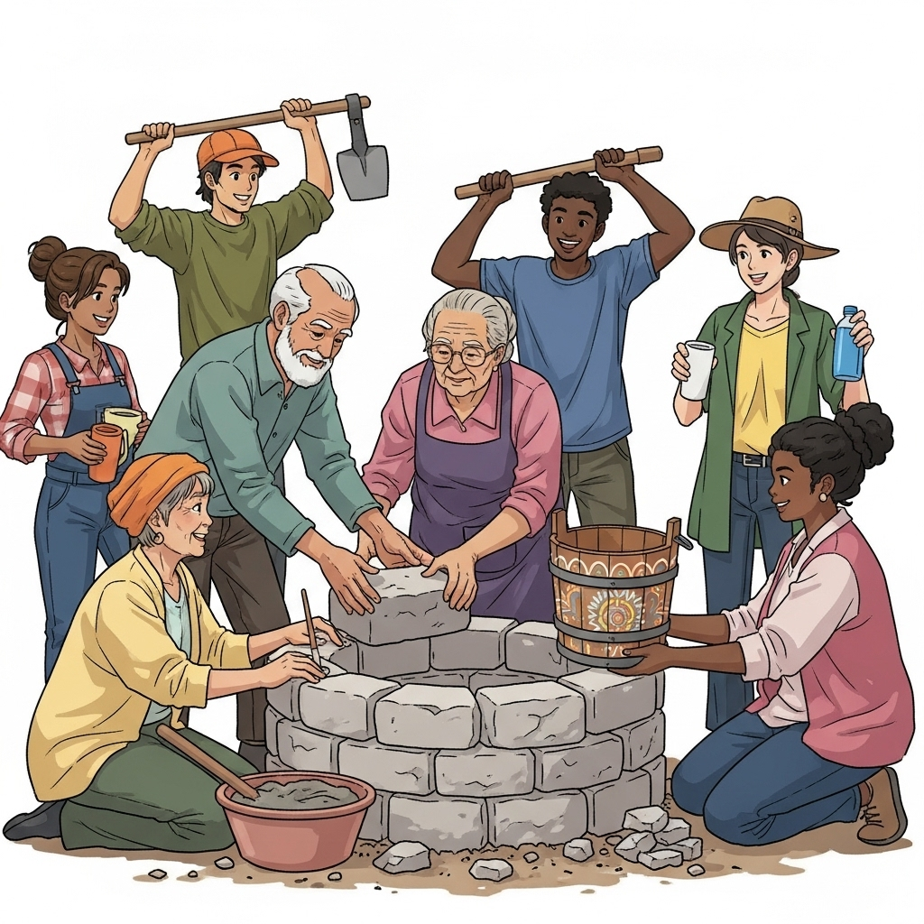 A diverse group of people from different generations (children, adults, elderly) happily collaborating to build a small, symbolic well, illustrating community effort and shared benefit. 음수사원: 물 마실 때 우물 판 사람을 생각하는 지혜 6가지